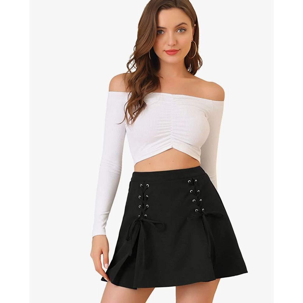 Allegra K Women's Gothic Pleated Lace Up Elastic Waist A-Line Mini Skirt
